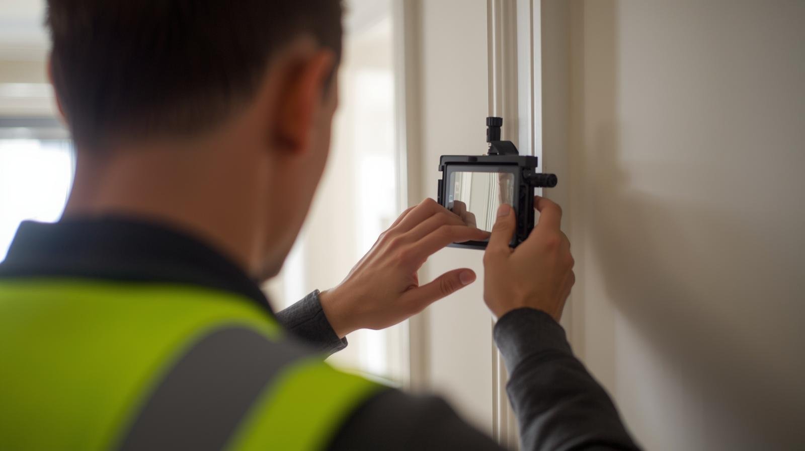 Inspector using a handheld device to visually evaluate a home during a pre‑purchase inspection.