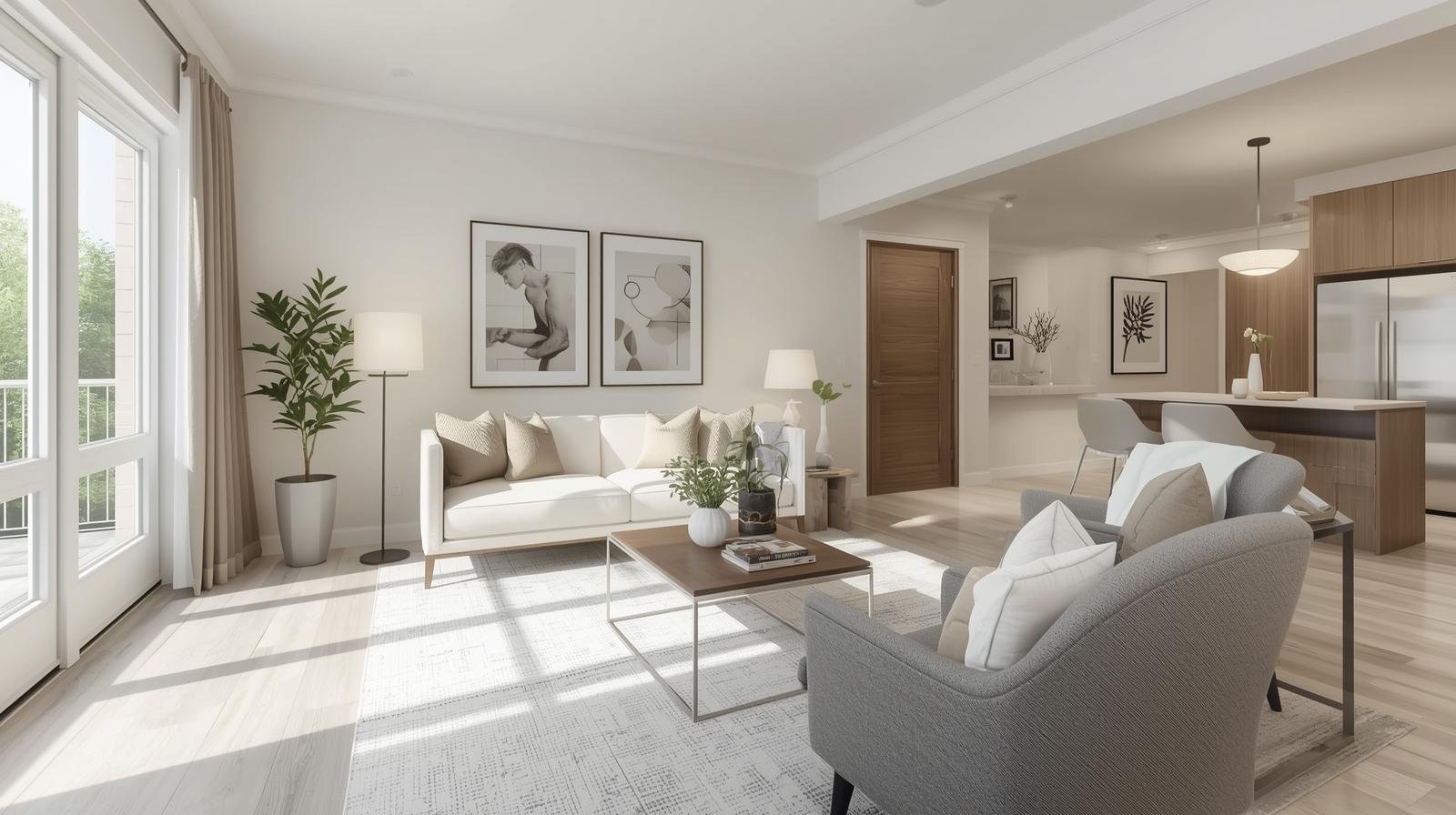 Clean, staged living room and kitchen prepared for a pre‑listing home inspection.