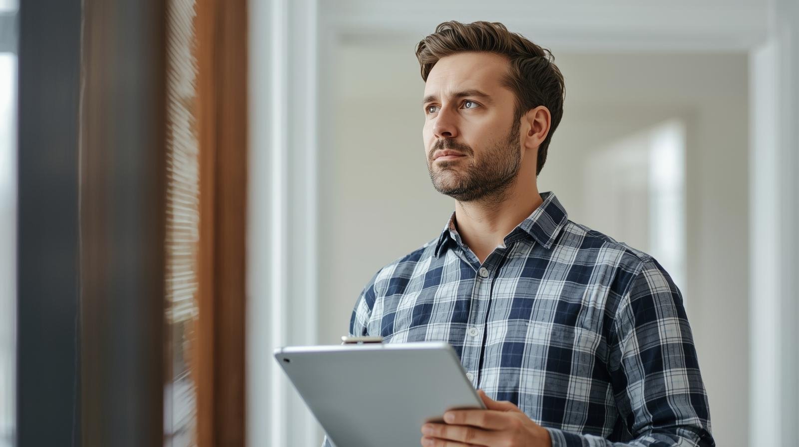 Inspector reviewing interior conditions with a clipboard during a full home inspection.