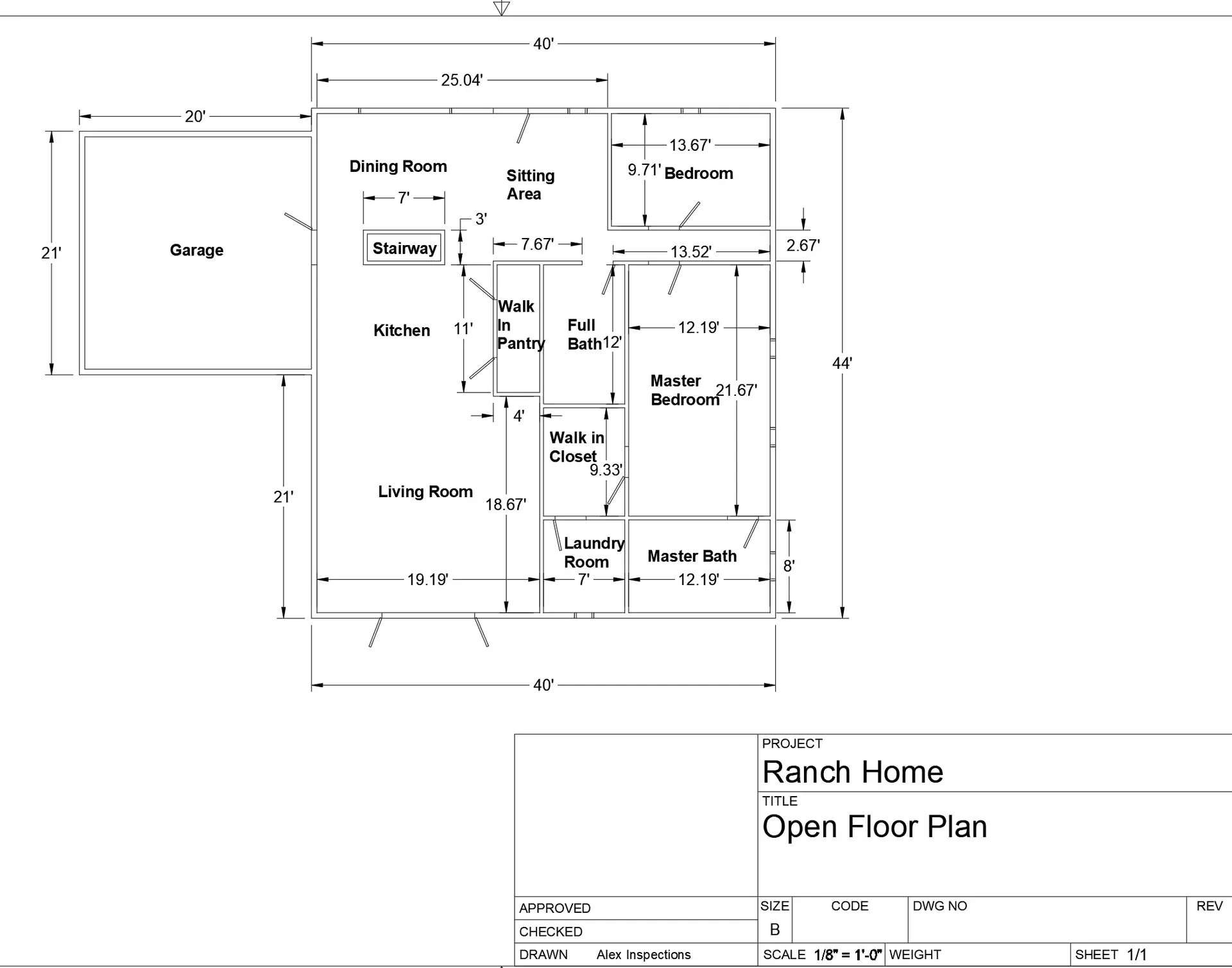 Ranch home floor plan with labeled rooms and dimensions.