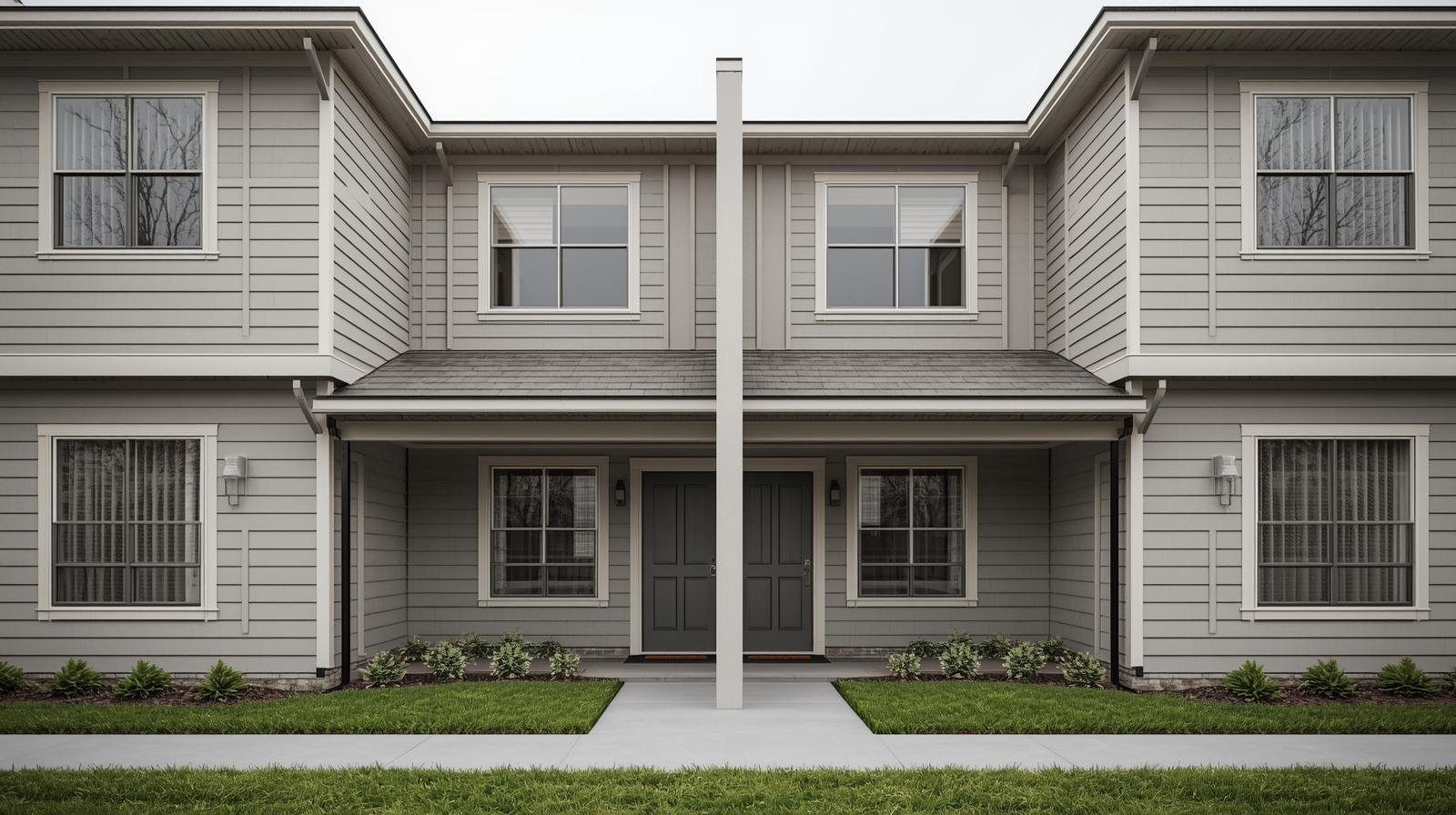 Exterior of a duplex rental property used for investor inspections.