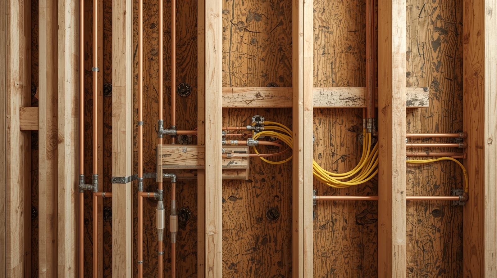 Exposed wall framing with plumbing and electrical during a new construction phase inspection.