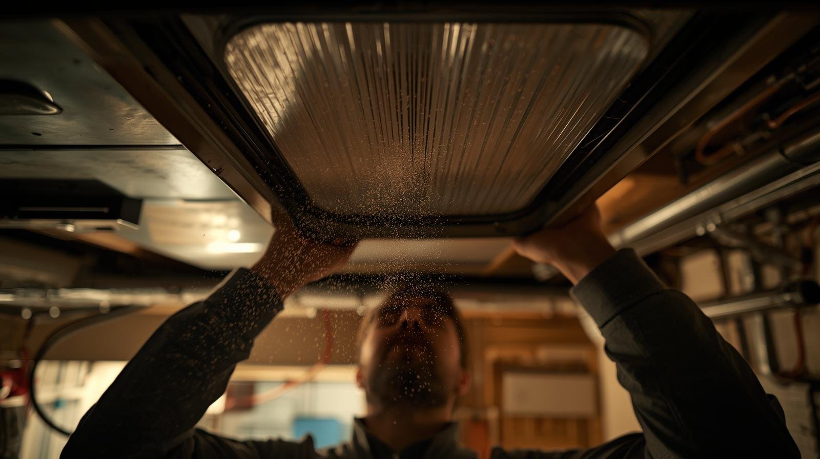 Person checking an HVAC filter during an annual home maintenance inspection.