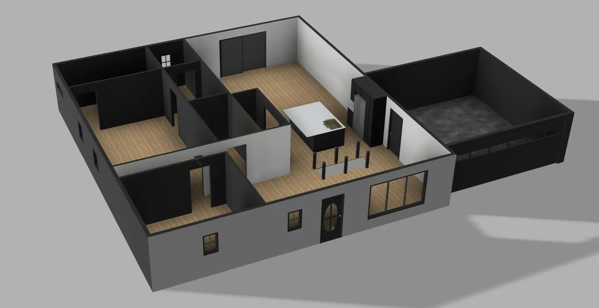 3D rendered floor plan of a single‑story home with kitchen, bedrooms, living area, and garage.