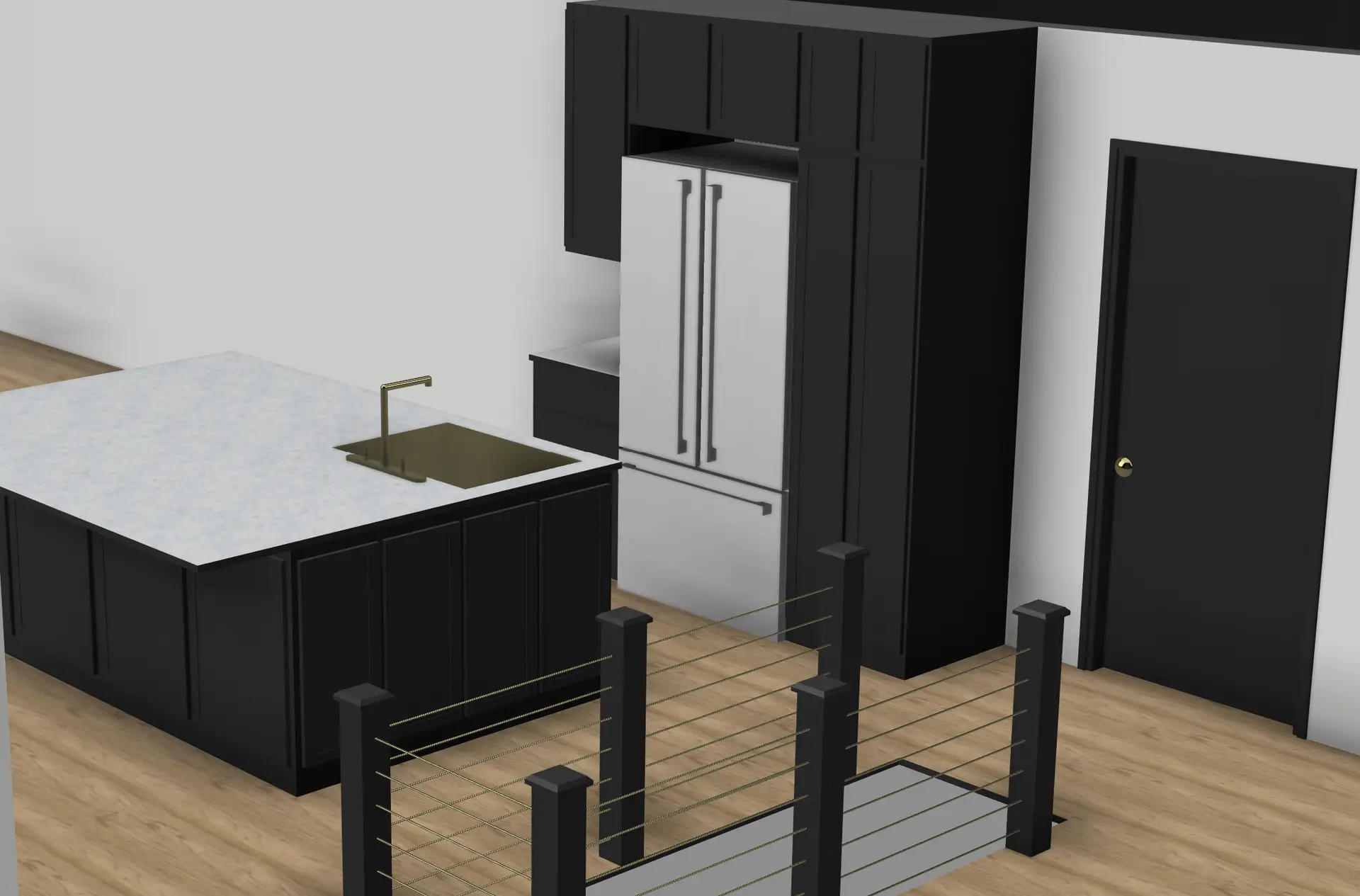 3D render of a modern kitchen with a marble island, black cabinetry, gold faucet, and light wood flooring.
