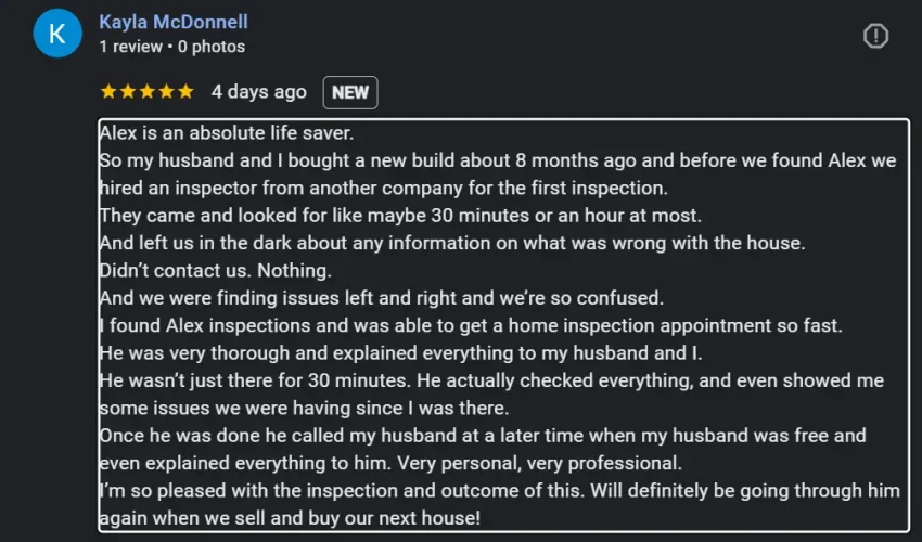 Screenshot of a 5‑star Google review praising a thorough home inspection by Alex Inspections.
